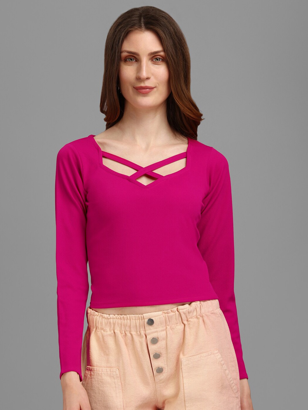 

PURVAJA Pink Sweetheart Neck Crop Top