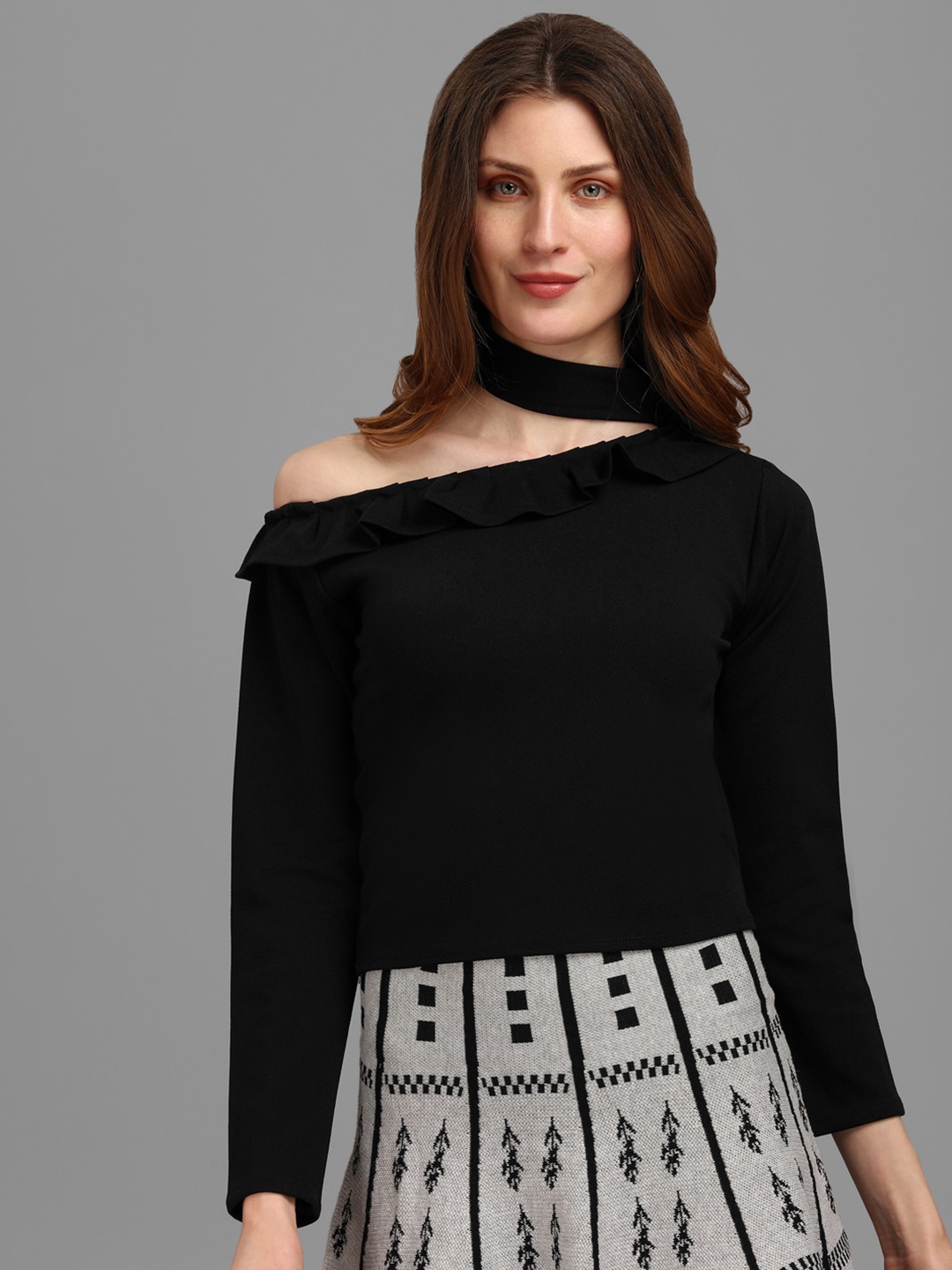 

PURVAJA Black Choker Neck Ruffles Top