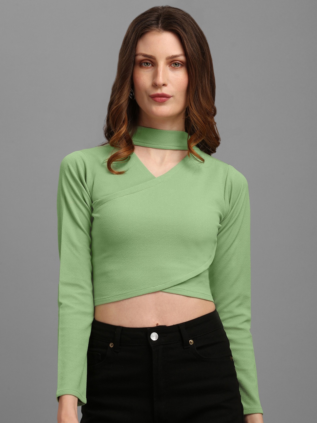

PURVAJA Lime Green Choker Neck Crop Top