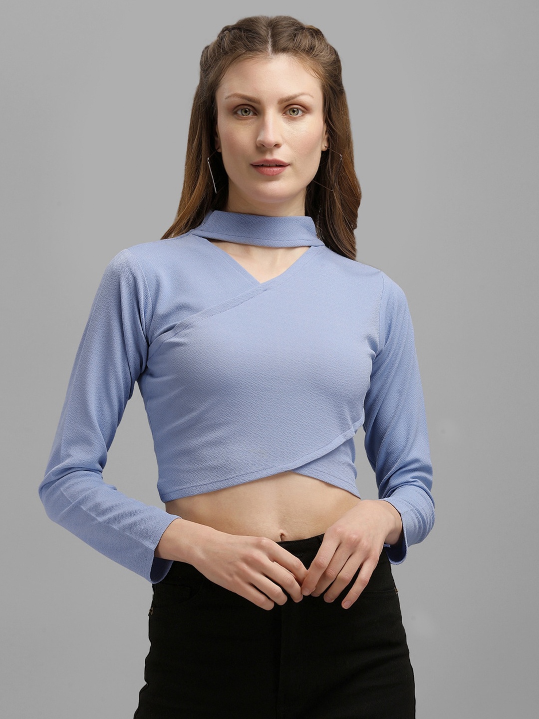 

PURVAJA Lavender Solid Choker Neck Wrap Crop Top