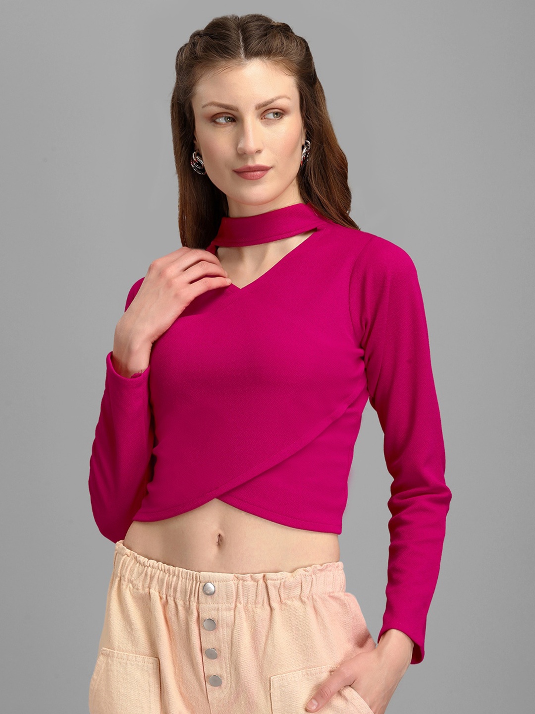 

PURVAJA Pink Solid Choker Neck Wrap Crop Top