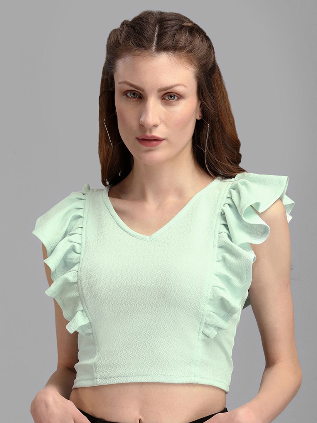 

PURVAJA Sea Green Ruffles Crop Top
