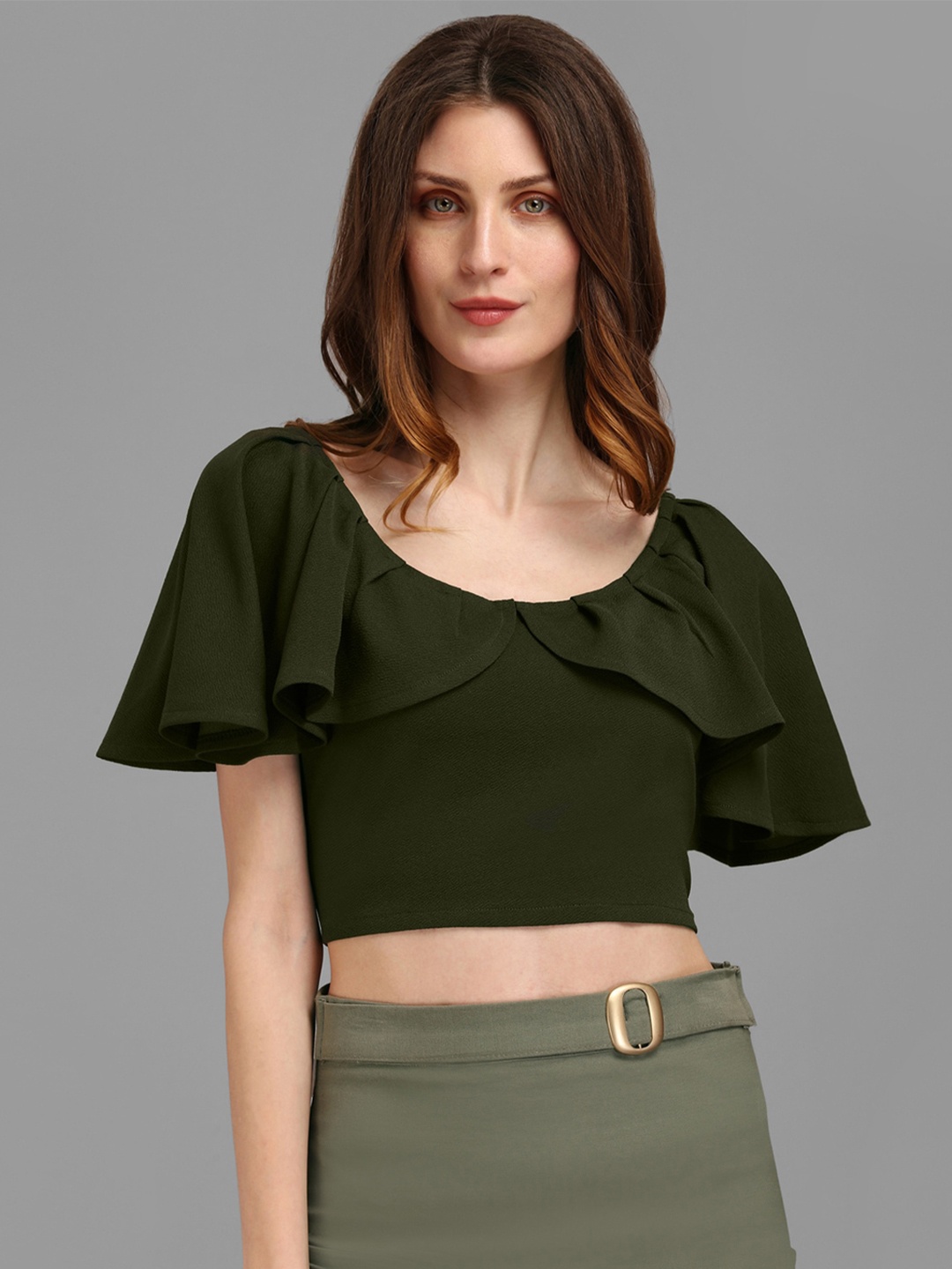 

PURVAJA Women Olive Green Solid Fitted Crop Top