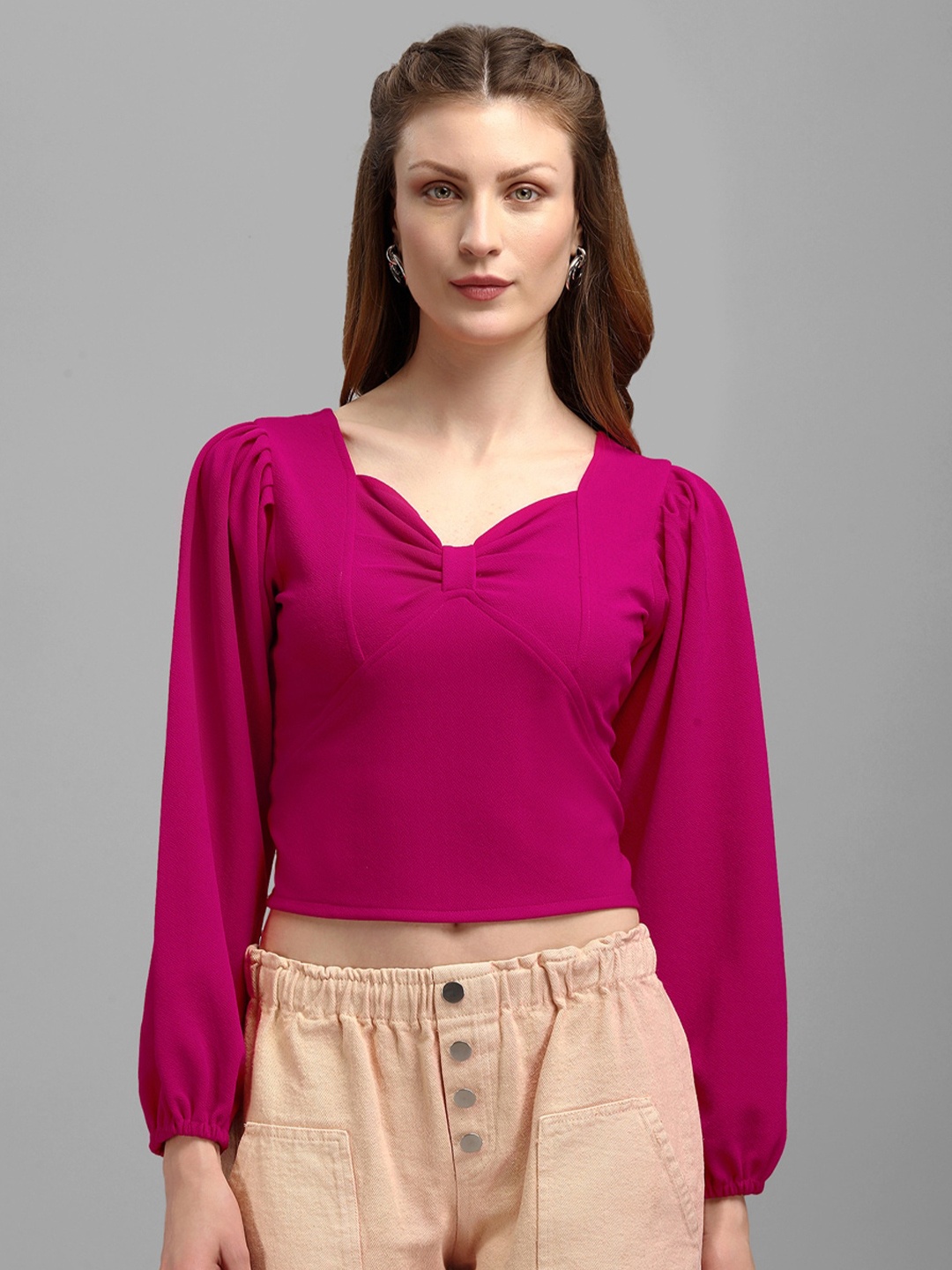 

PURVAJA Pink Sweetheart Neck Fitted Crop Top