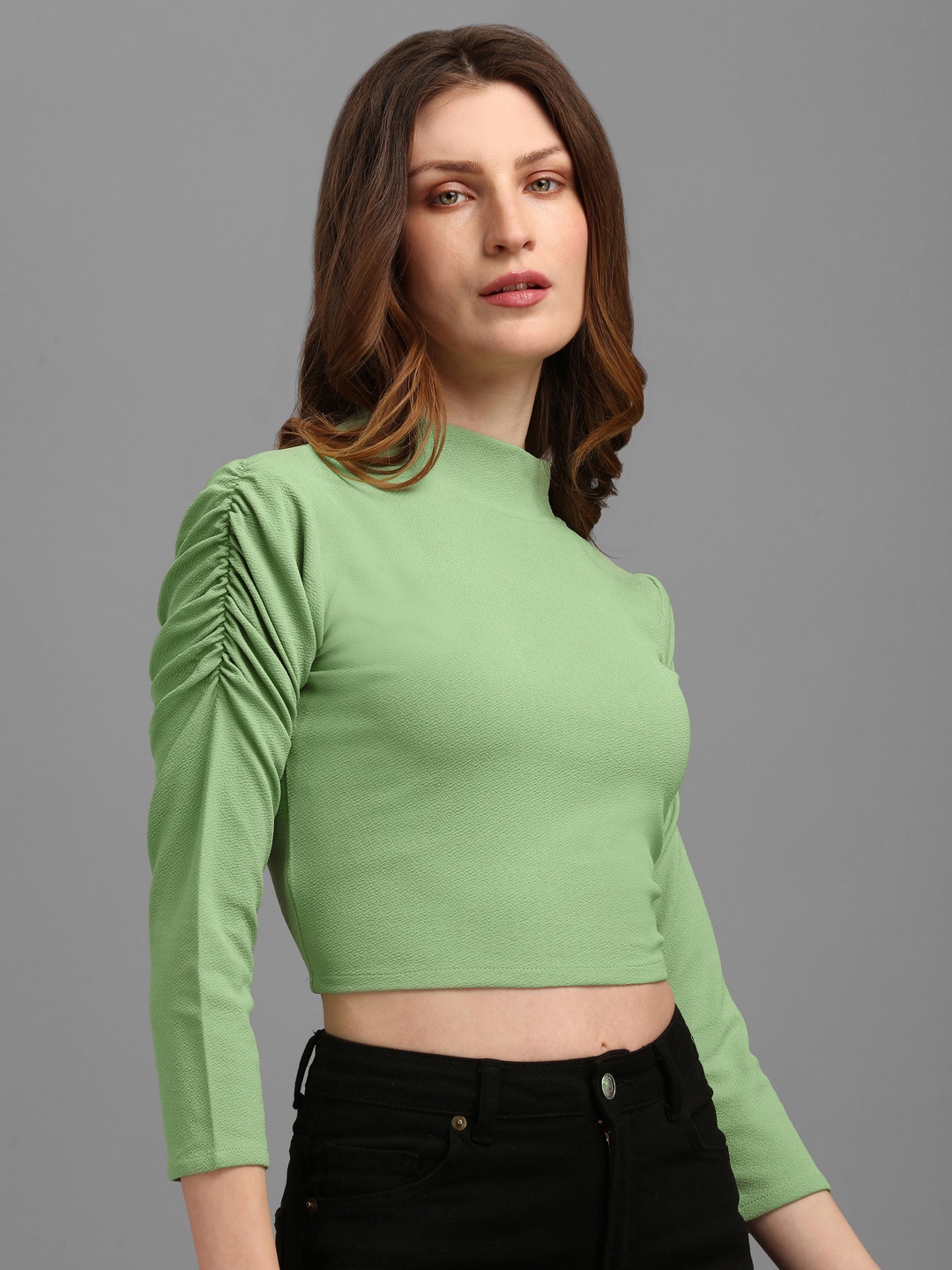 

PURVAJA Women Lime Green High Neck Fitted Crop Top