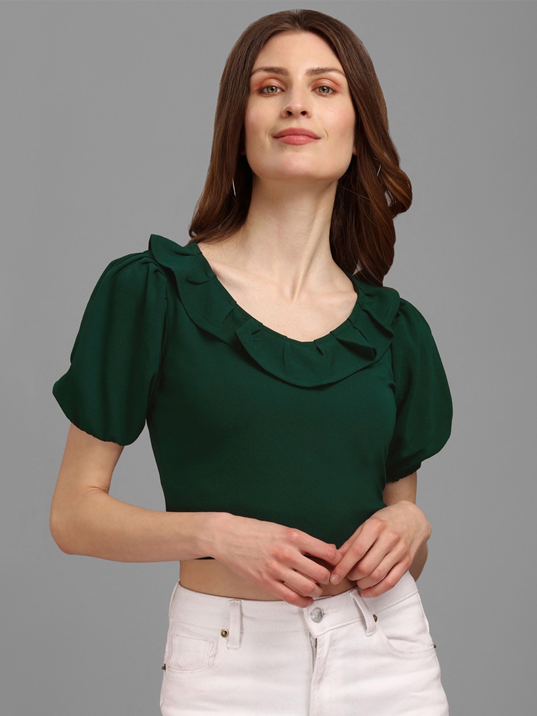 

PURVAJA Green Ruffles Crop Top