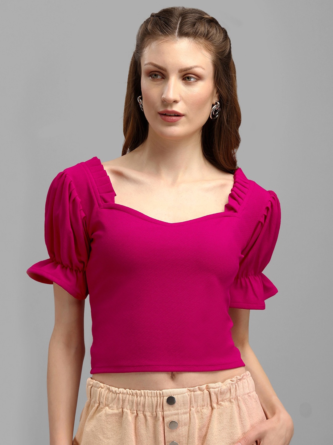 

PURVAJA Women Pink Sweetheart Neck Puff Sleeve Crop Top