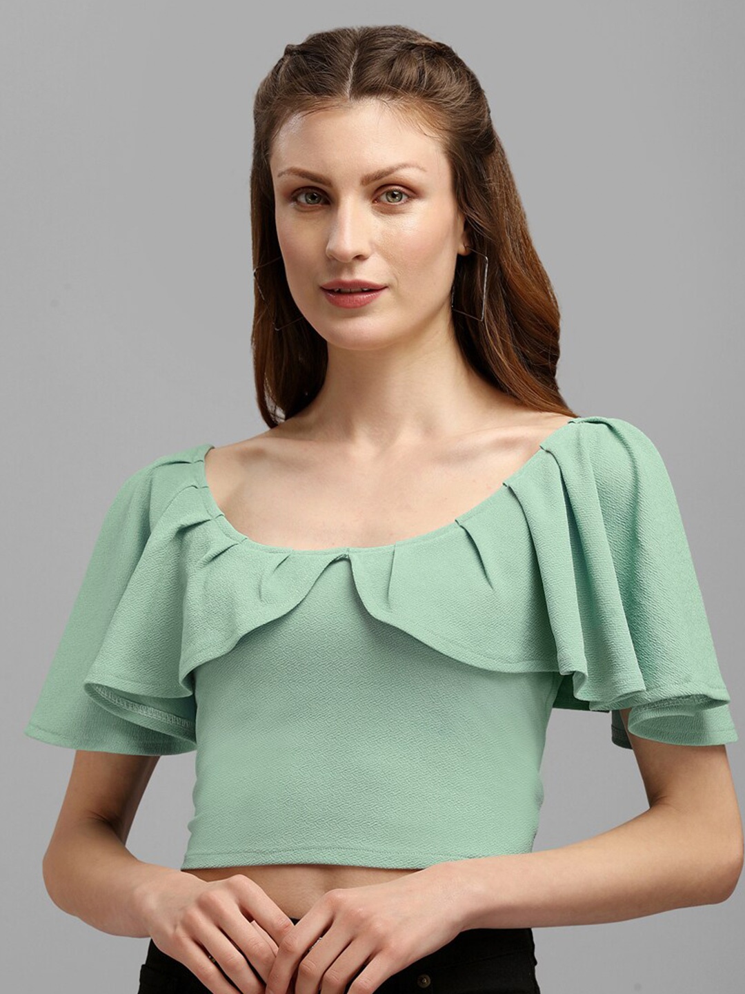 

PURVAJA Sage Green Flutter Sleeves Crop Top