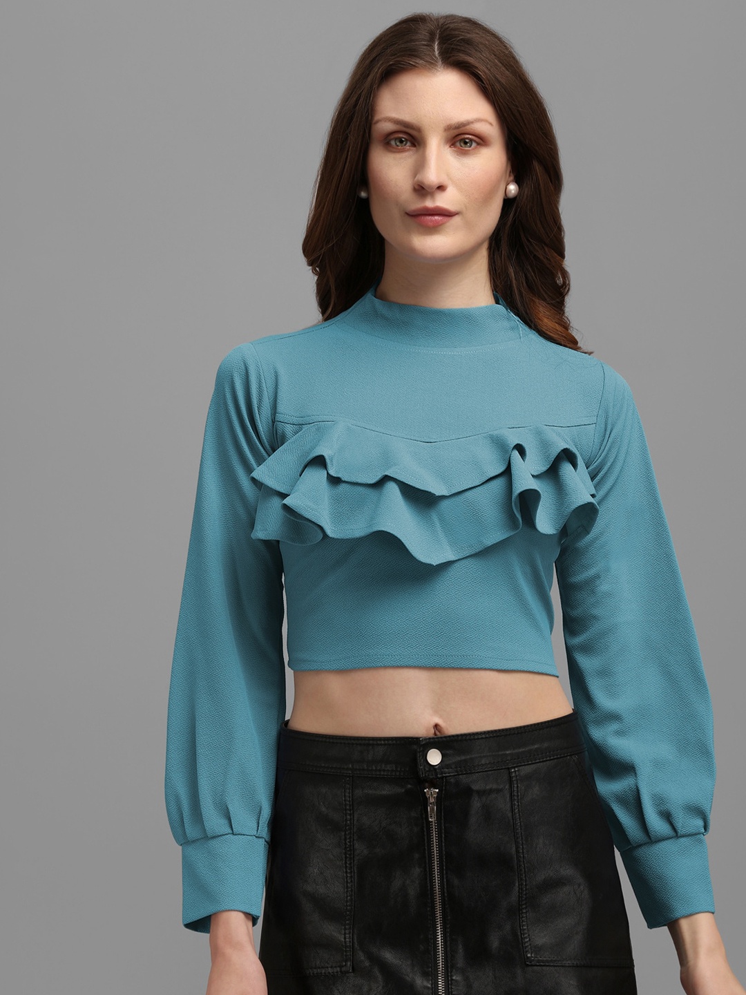 

PURVAJA Turquoise Blue Ruffles Crop Top