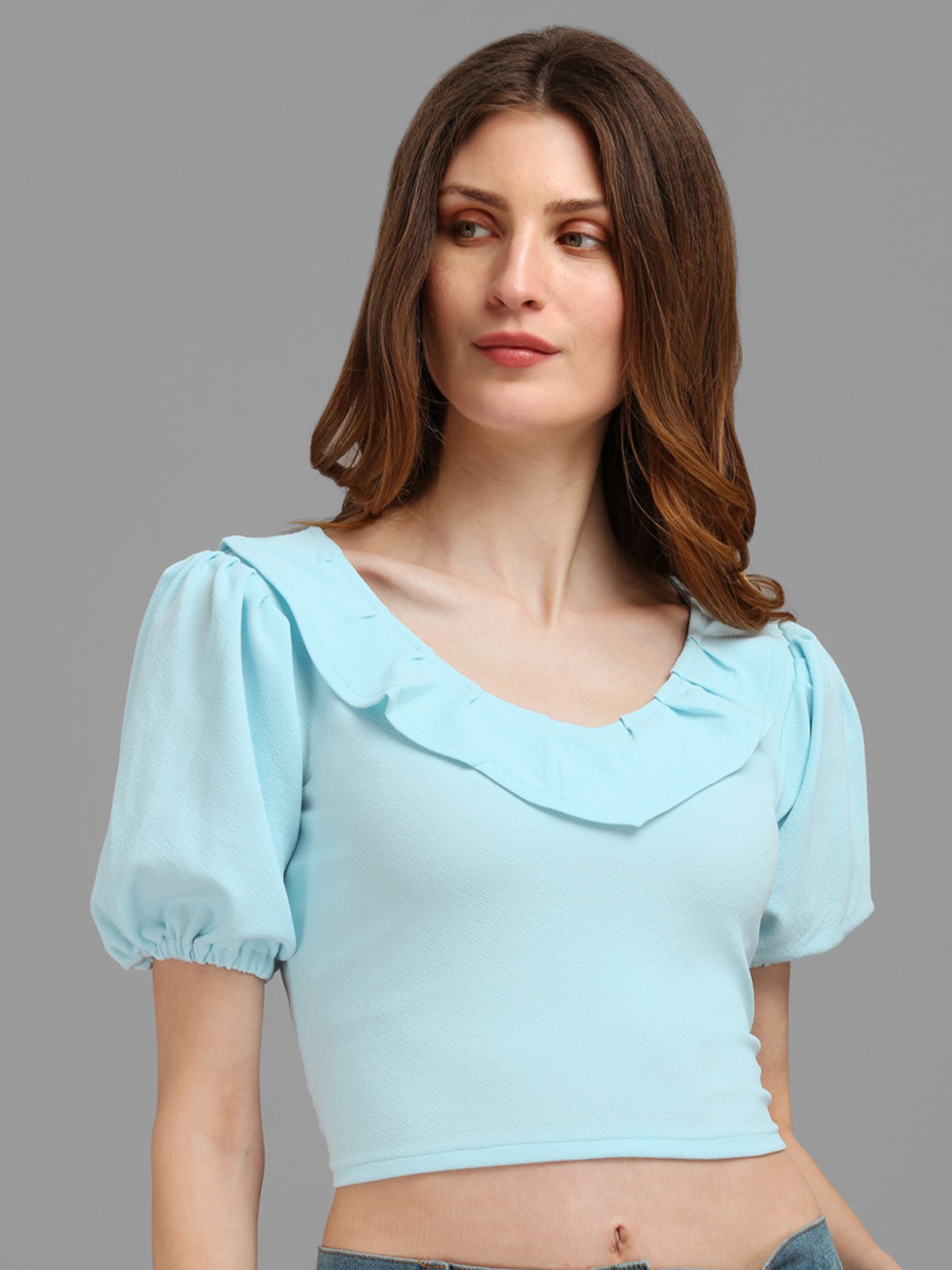 

PURVAJA Blue Ruffles Crop Top