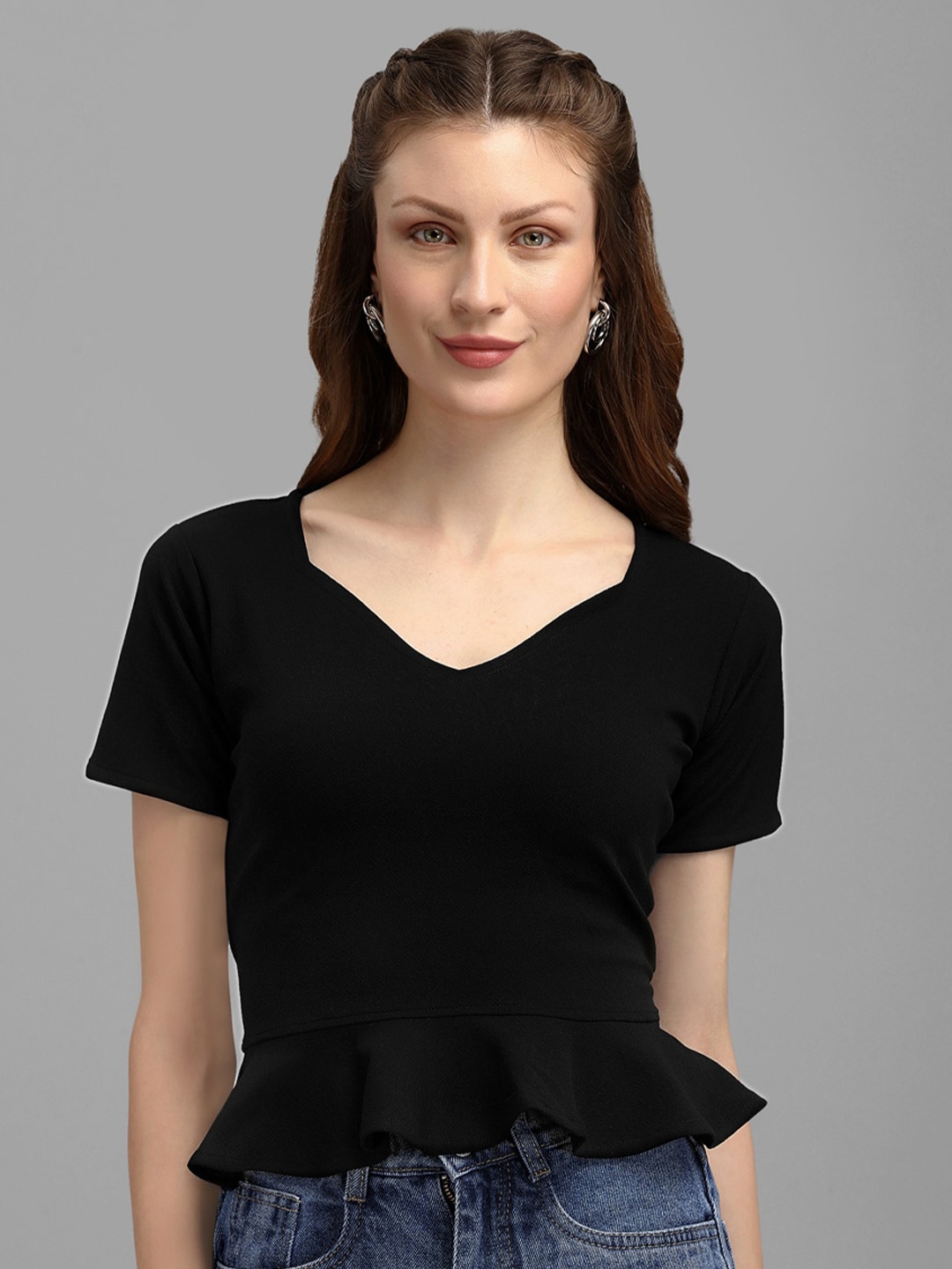 

PURVAJA Black Solid Peplum Crop Top