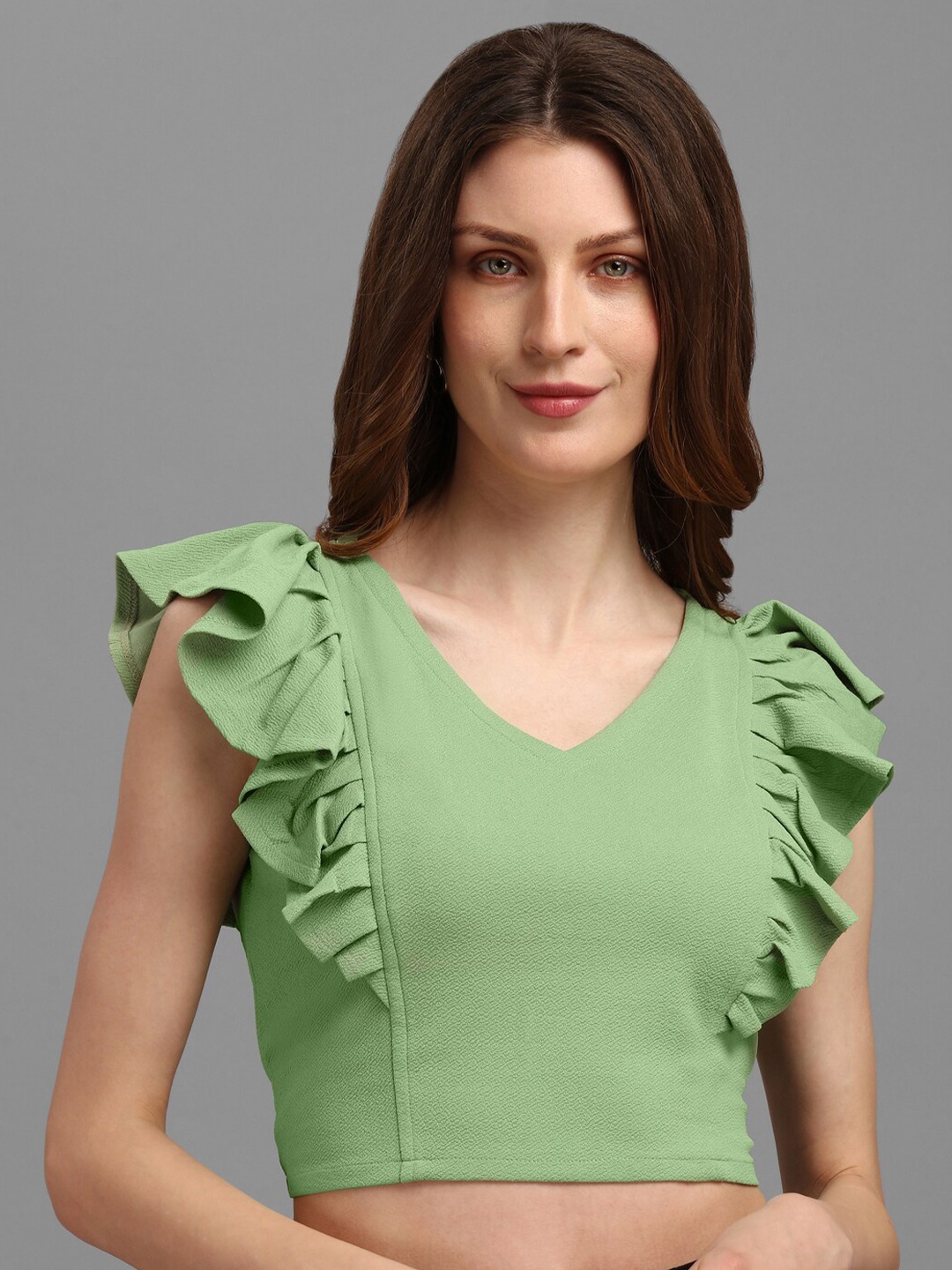 

PURVAJA Parrot Green Ruffles Crop Top