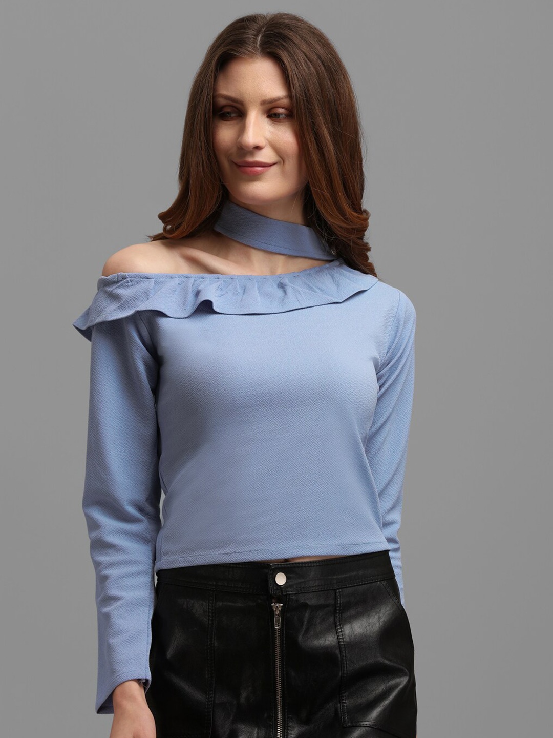 

PURVAJA Lavender Choker Neck Ruffles Top
