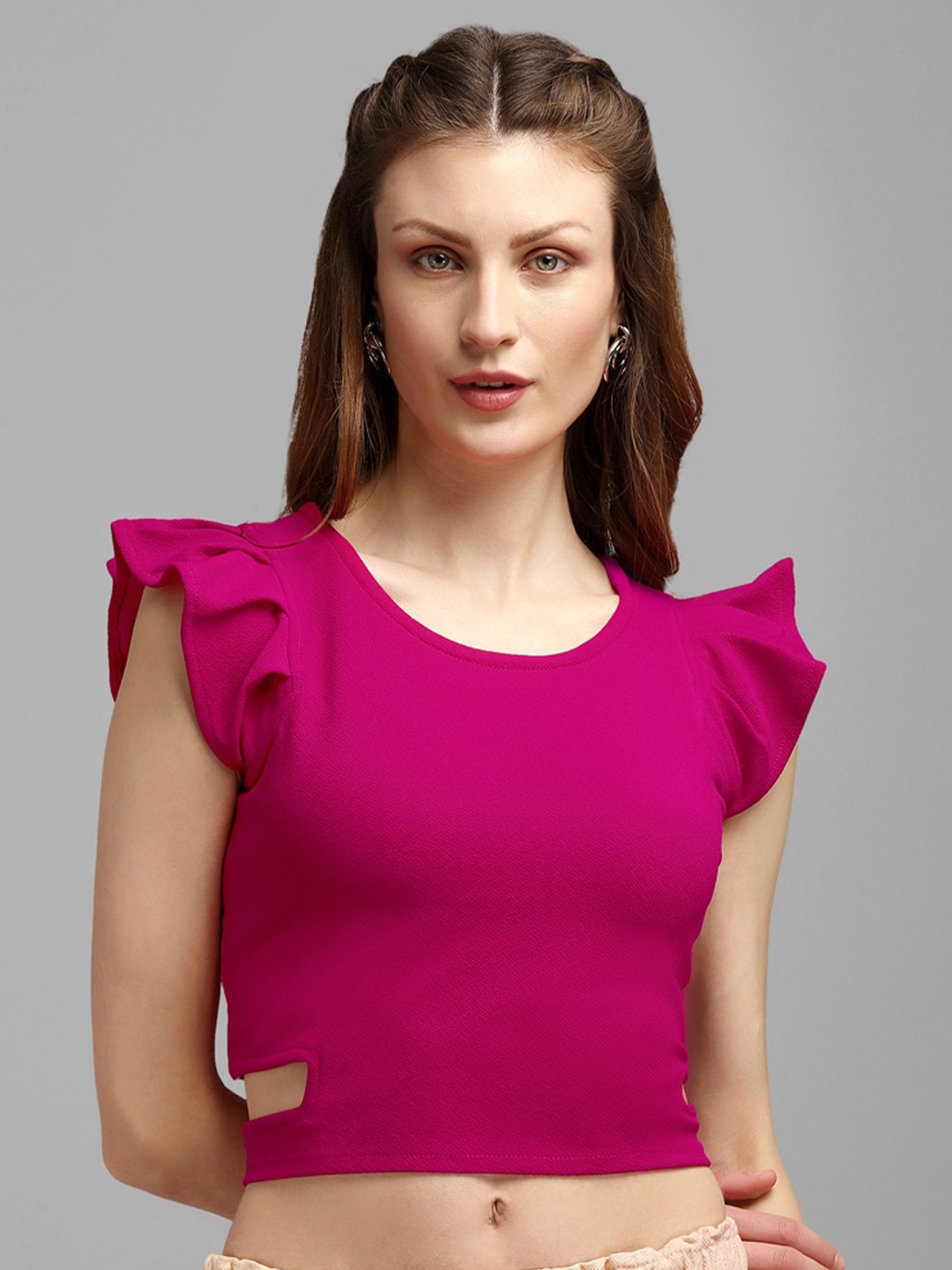 

PURVAJA Women Flutter Sleeves Cut Out Pink Crop Top