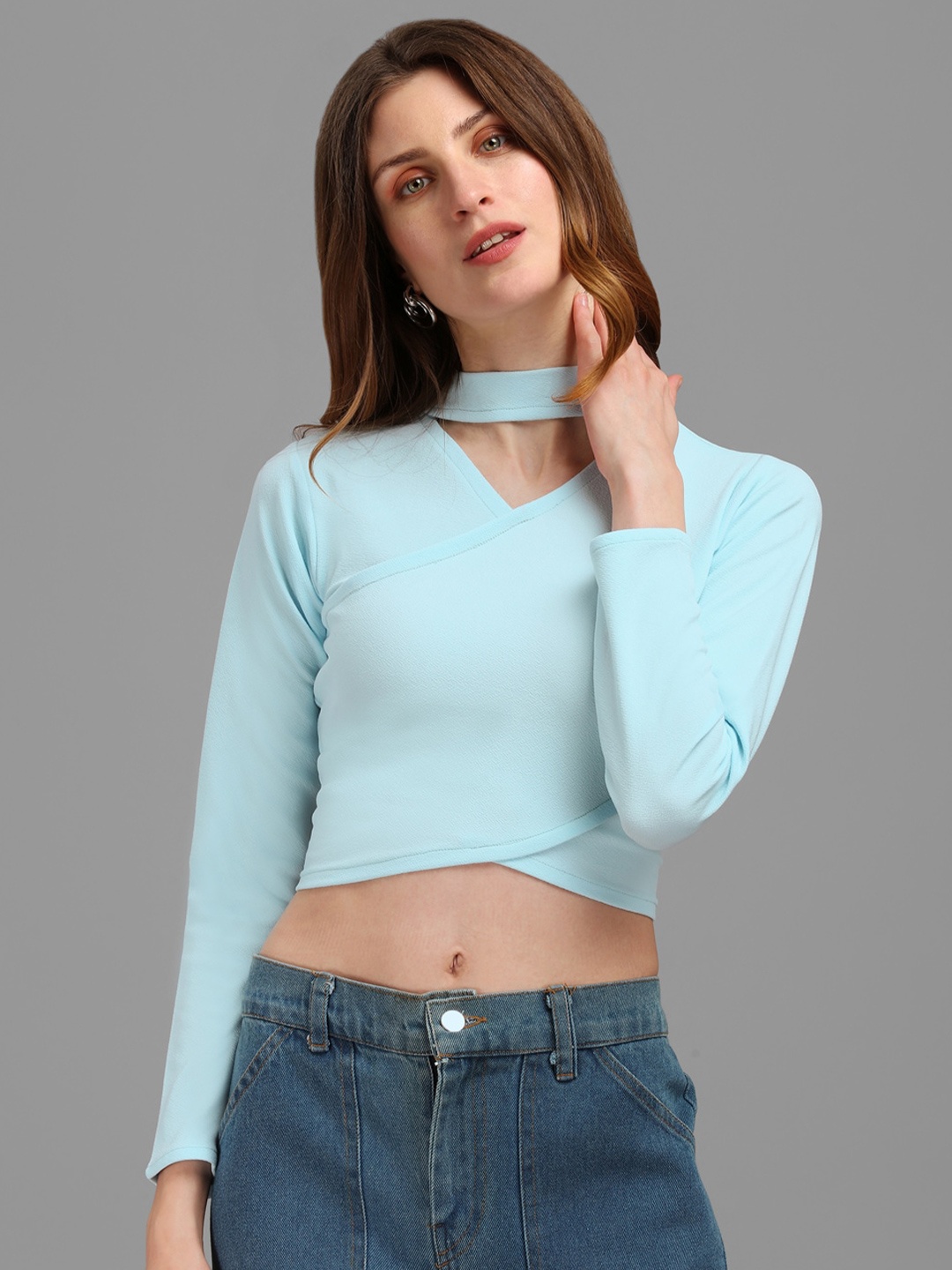 

PURVAJA Sky Blue Choker Neck Crop Top