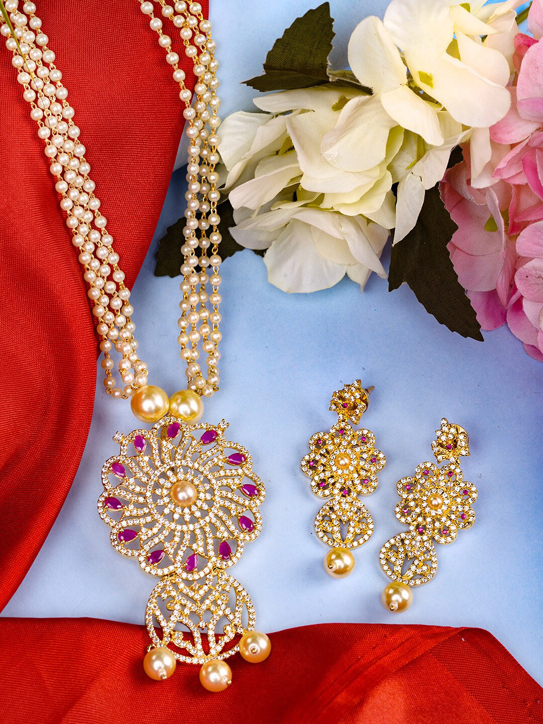 

Saraf RS Jewellery Gold-Plated White & Pink AD Studded & Beaded Jewellery Set, Red