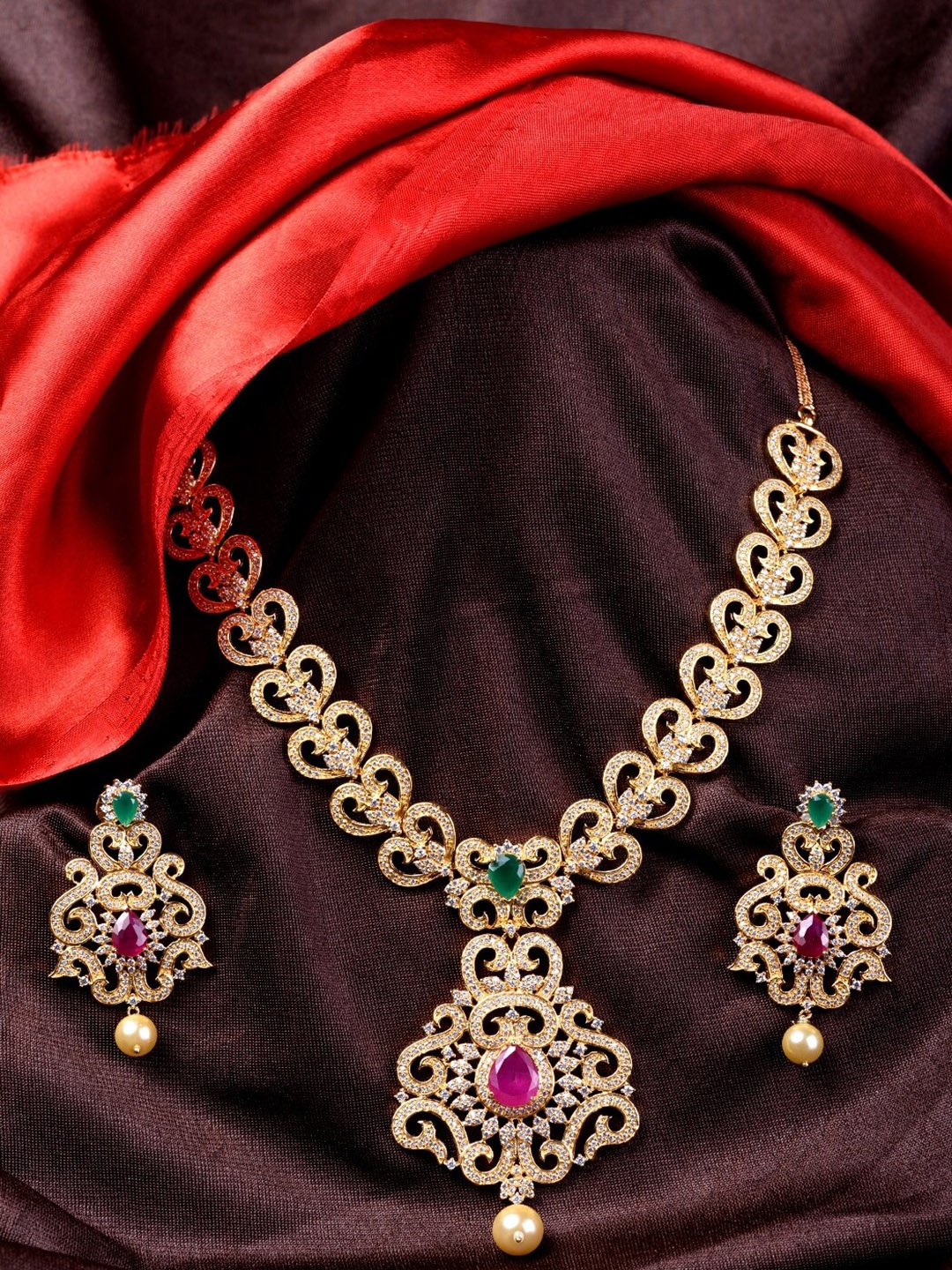 

Saraf RS Jewellery Gold-Plated Pink & Green Jewellery Set