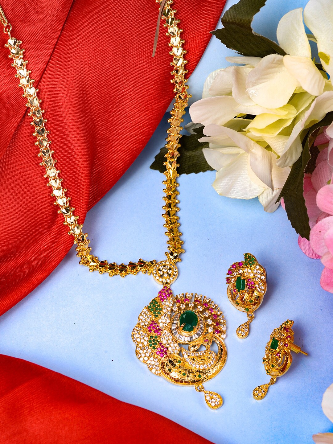 

Saraf RS Jewellery Gold-Plated Pink & Green AD Stone-Studded Jewellery Set