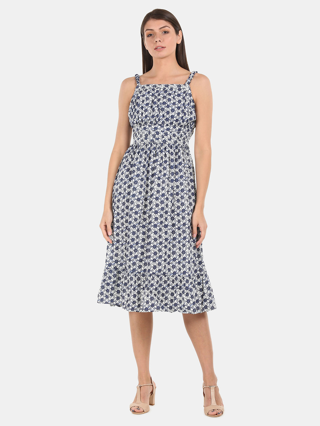 

Aeropostale White & Blue Floral Printed A-line Backless Dress