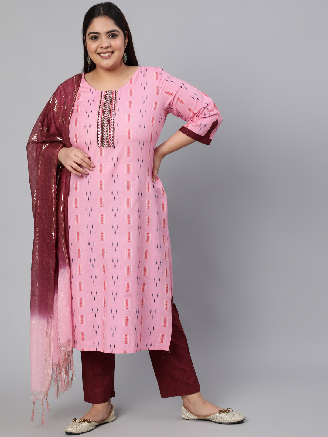 

Jaipur Kurti Plus Size Women Pink Ethnic Motifs Printed Kurta with Trousers & Dupatta