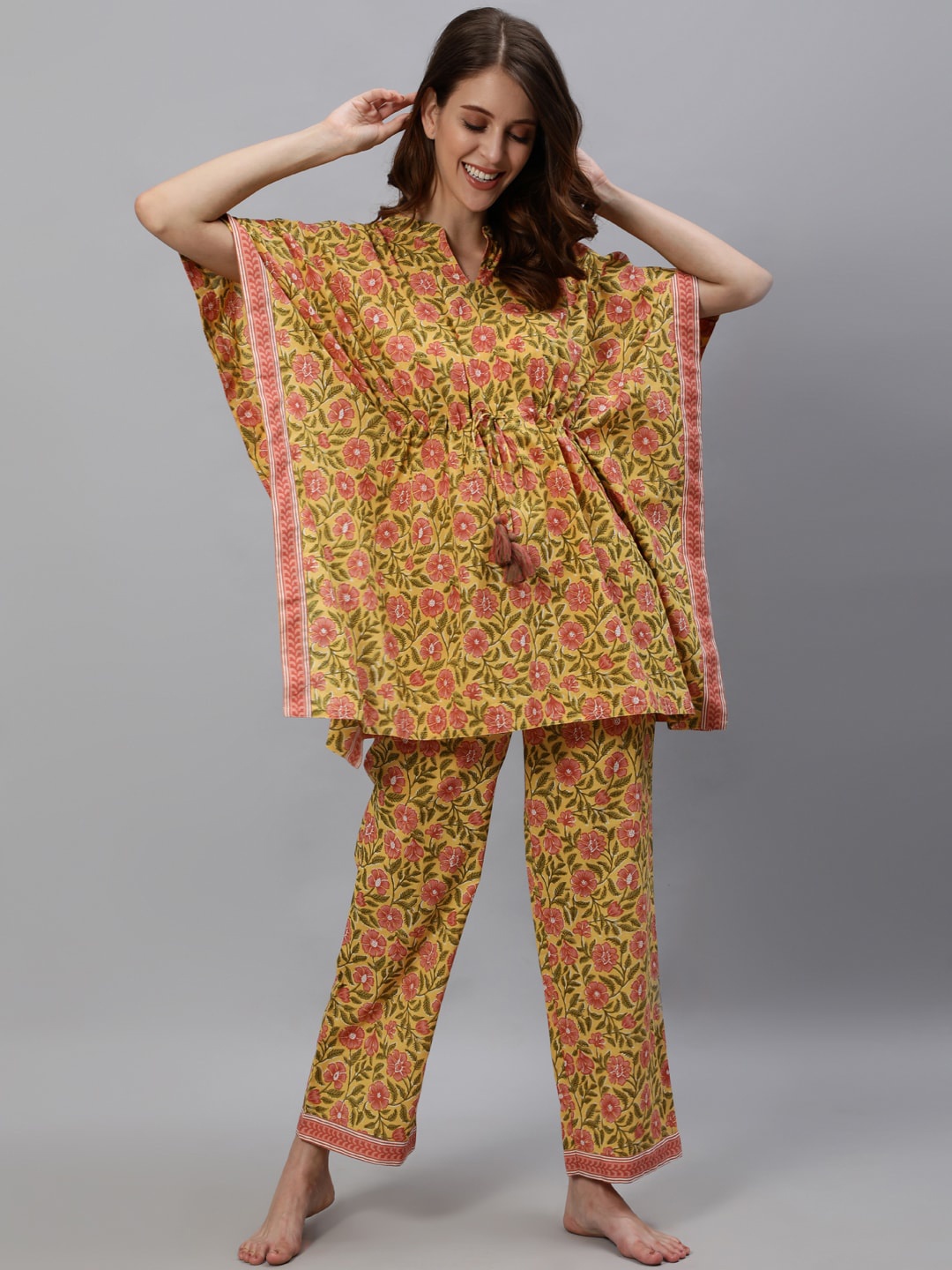 

Jaipur Kurti Women Yellow & Pink Printed Cotton Kaftan Night suit