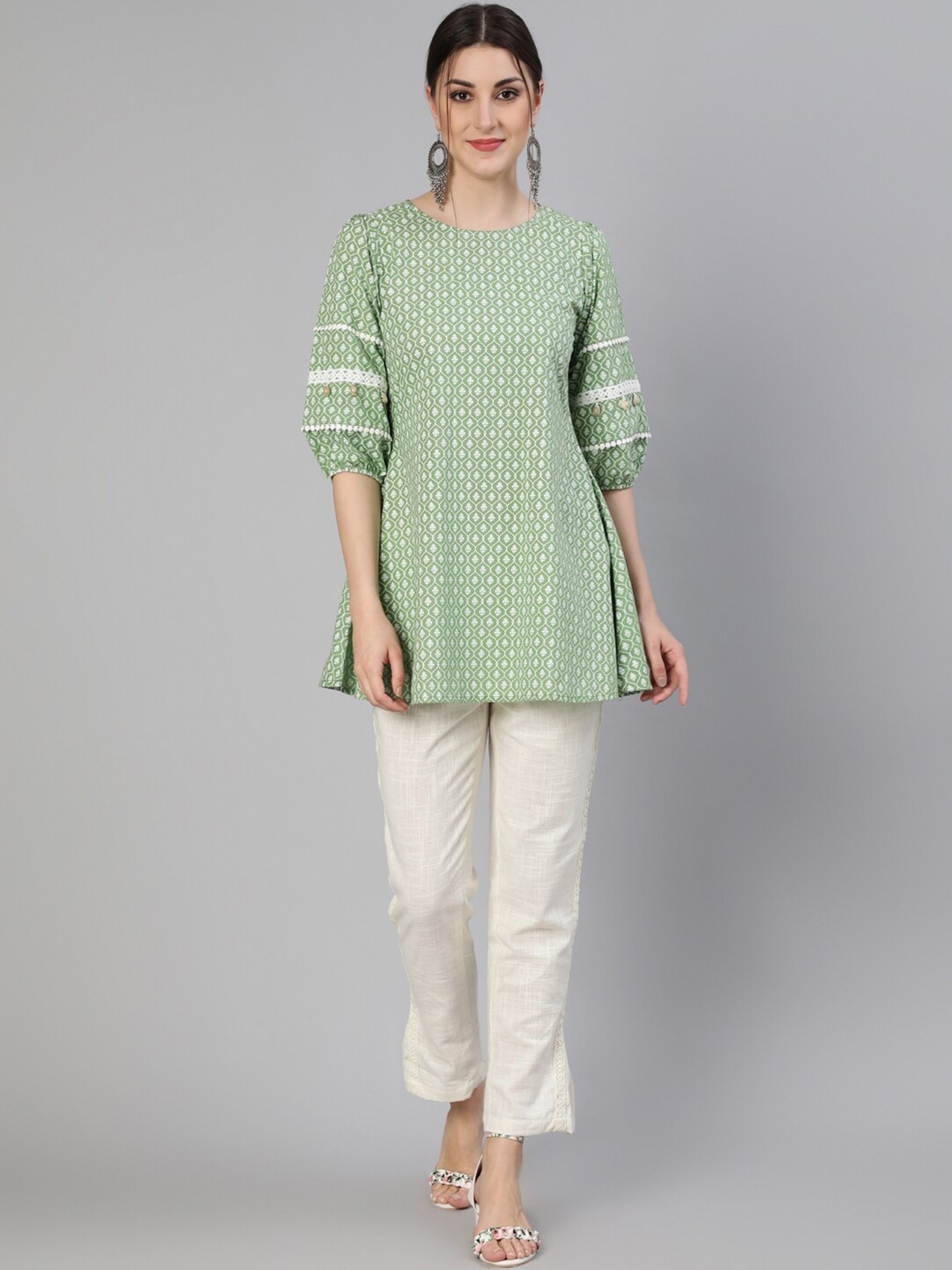 

Jaipur Kurti Green & White Ethnic Motifs Printed Pure Cotton Kurtis