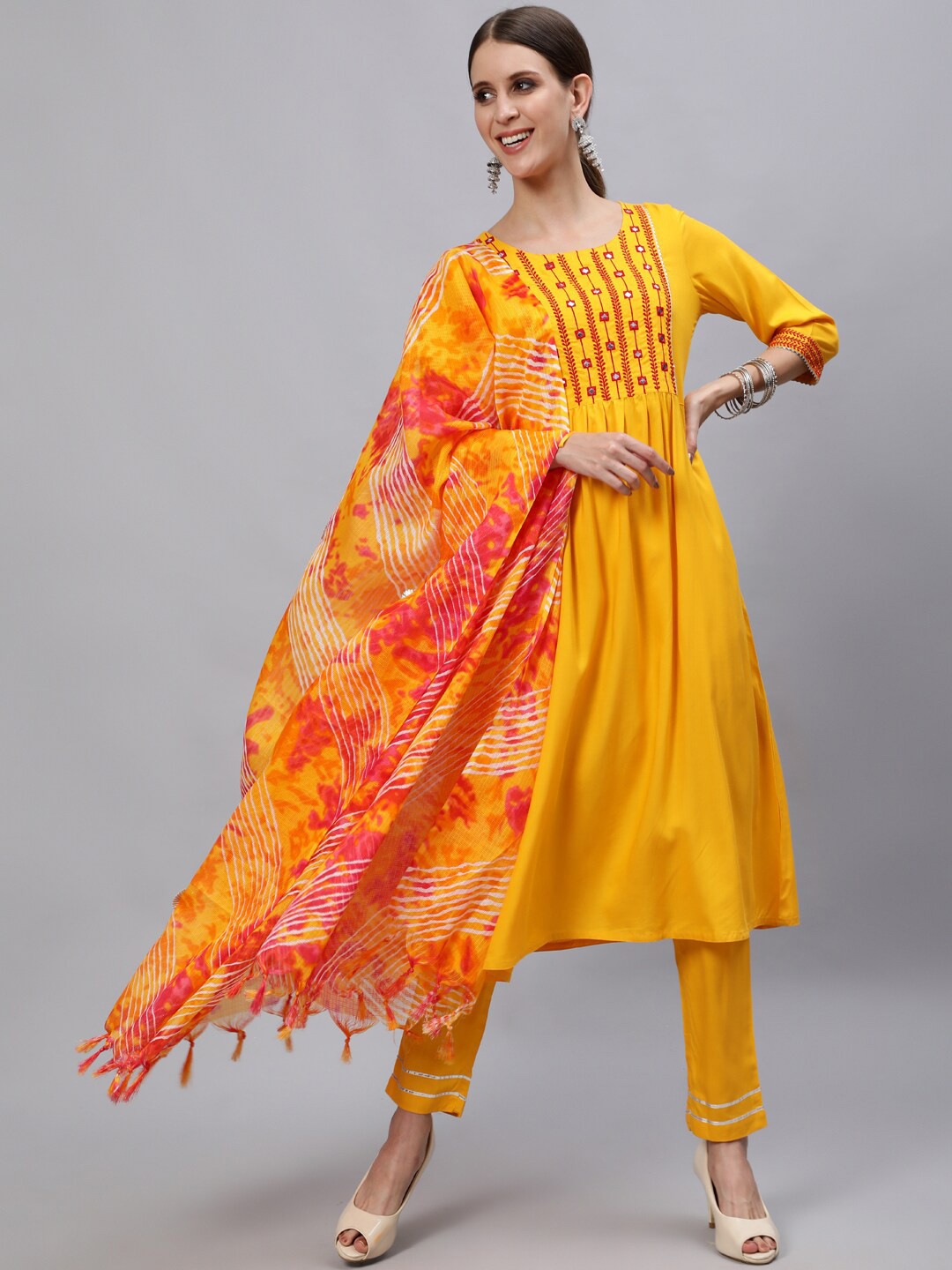 

Jaipur Kurti Yellow & Red Yoke Design Mirror Work Kurta with Trousers & With Dupatta