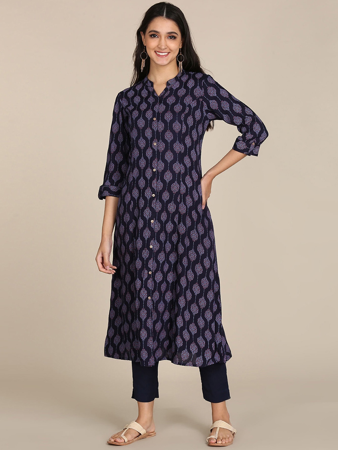 

Karigari Women Blue Ethnic Motifs Mandarin Collar Kurta