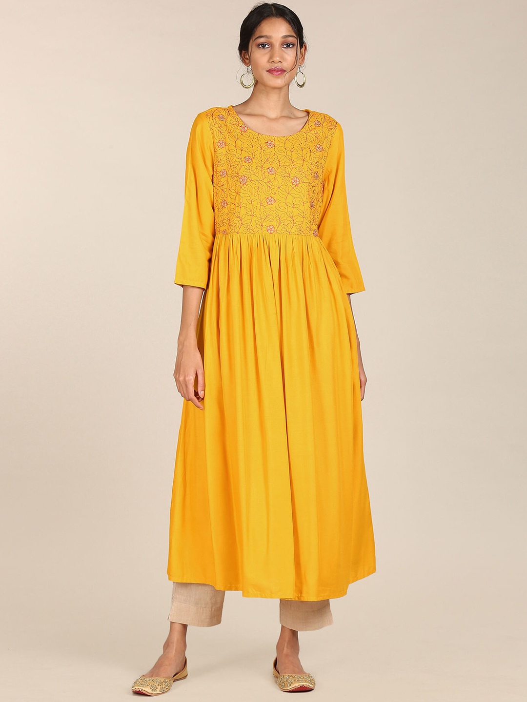 

Karigari Women Yellow Embroided Round Neck Flared three quarter Sleeves Anarkali Kurta
