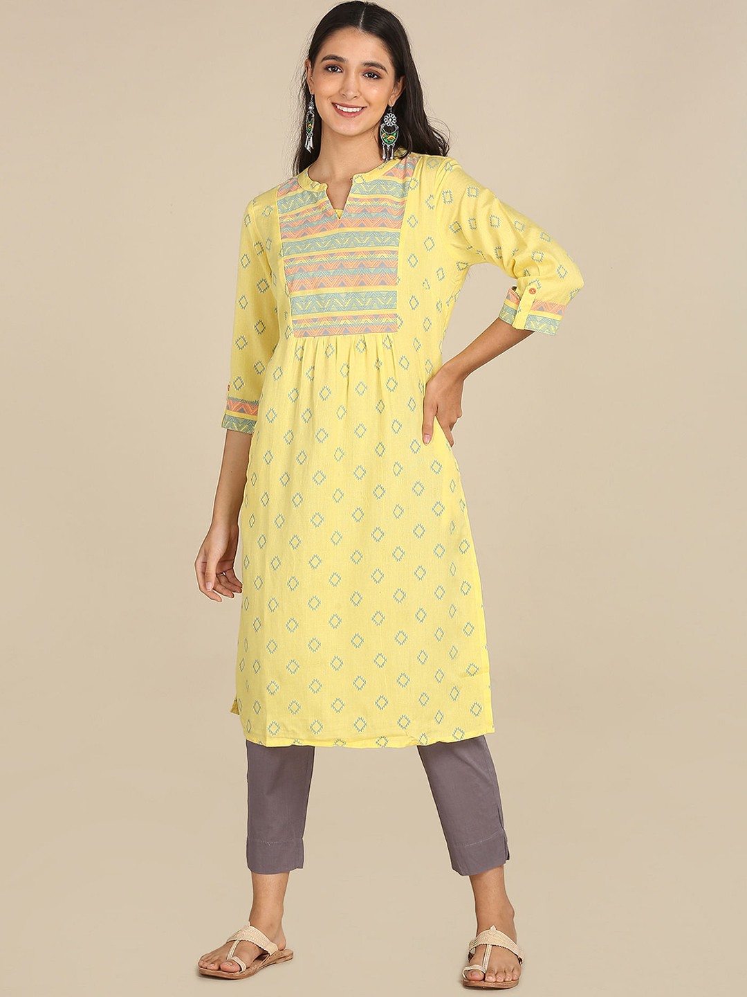 

Karigari Women Yellow Ethnic Motifs Yoke Design Mandarin collar Printed i Kurta