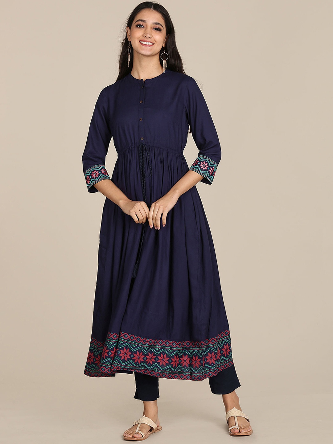 

Karigari Women Blue Solid Mandarin Collar Flared Anarkali Kurta