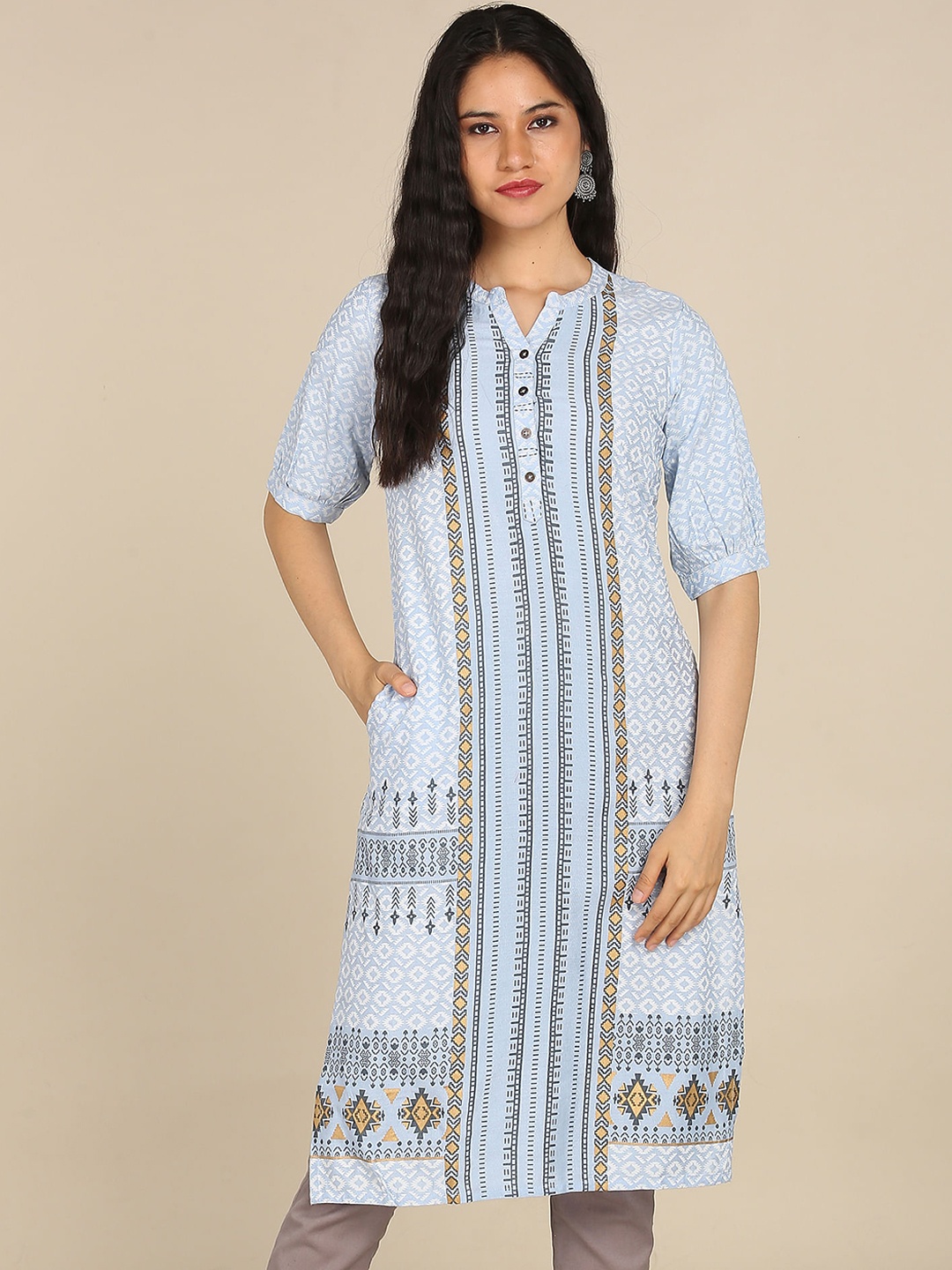 

Karigari Women Blue Geometric Striped Gotta Patti Kurta