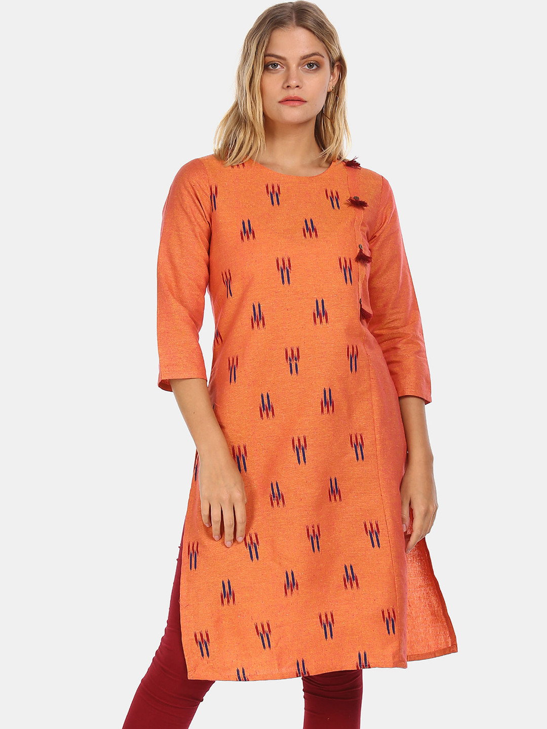 

Karigari Women Orange Geometric Embroidered Kurta