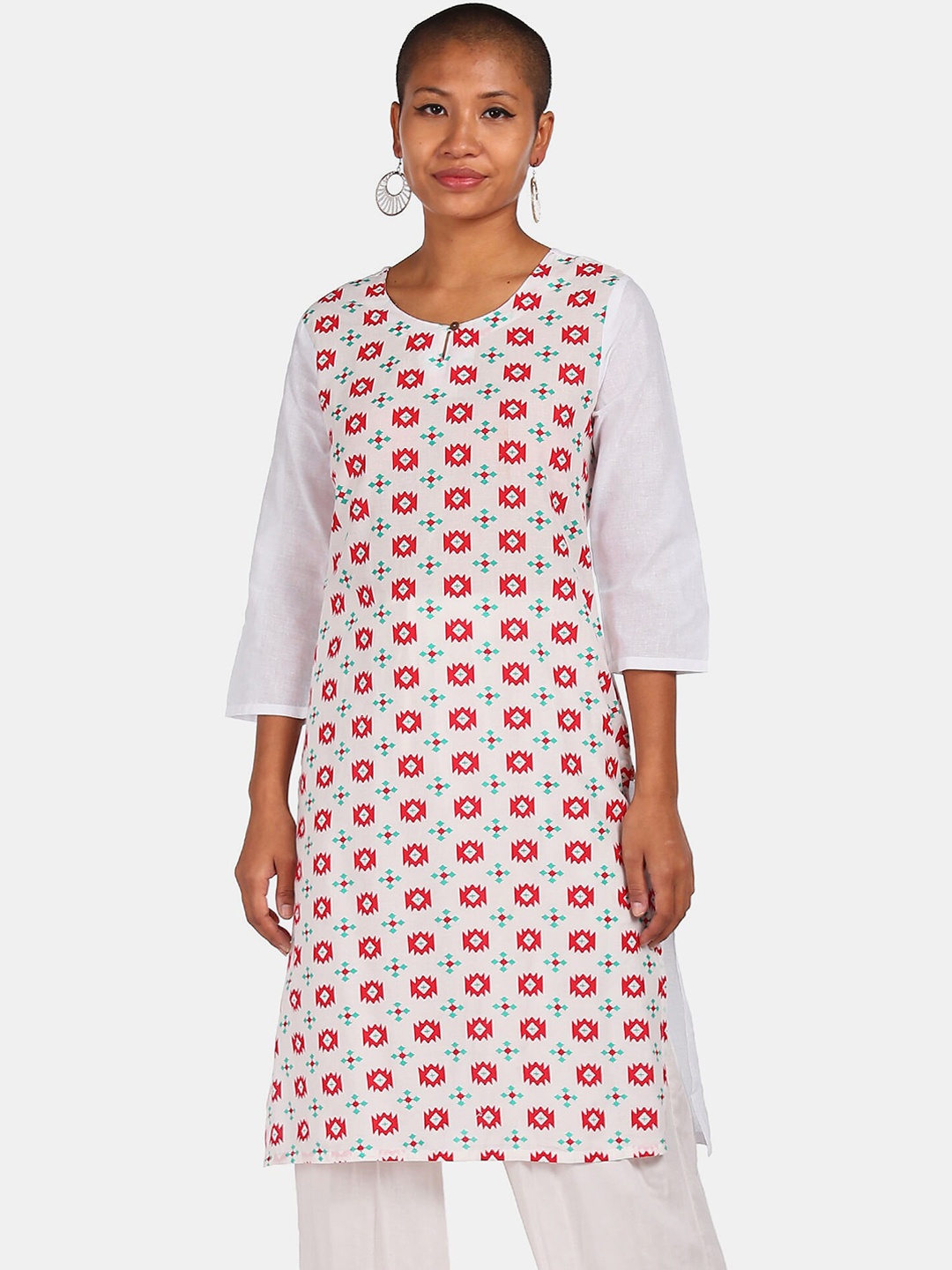 

Karigari Women White & Red Printed Keyhole Neck Kurta
