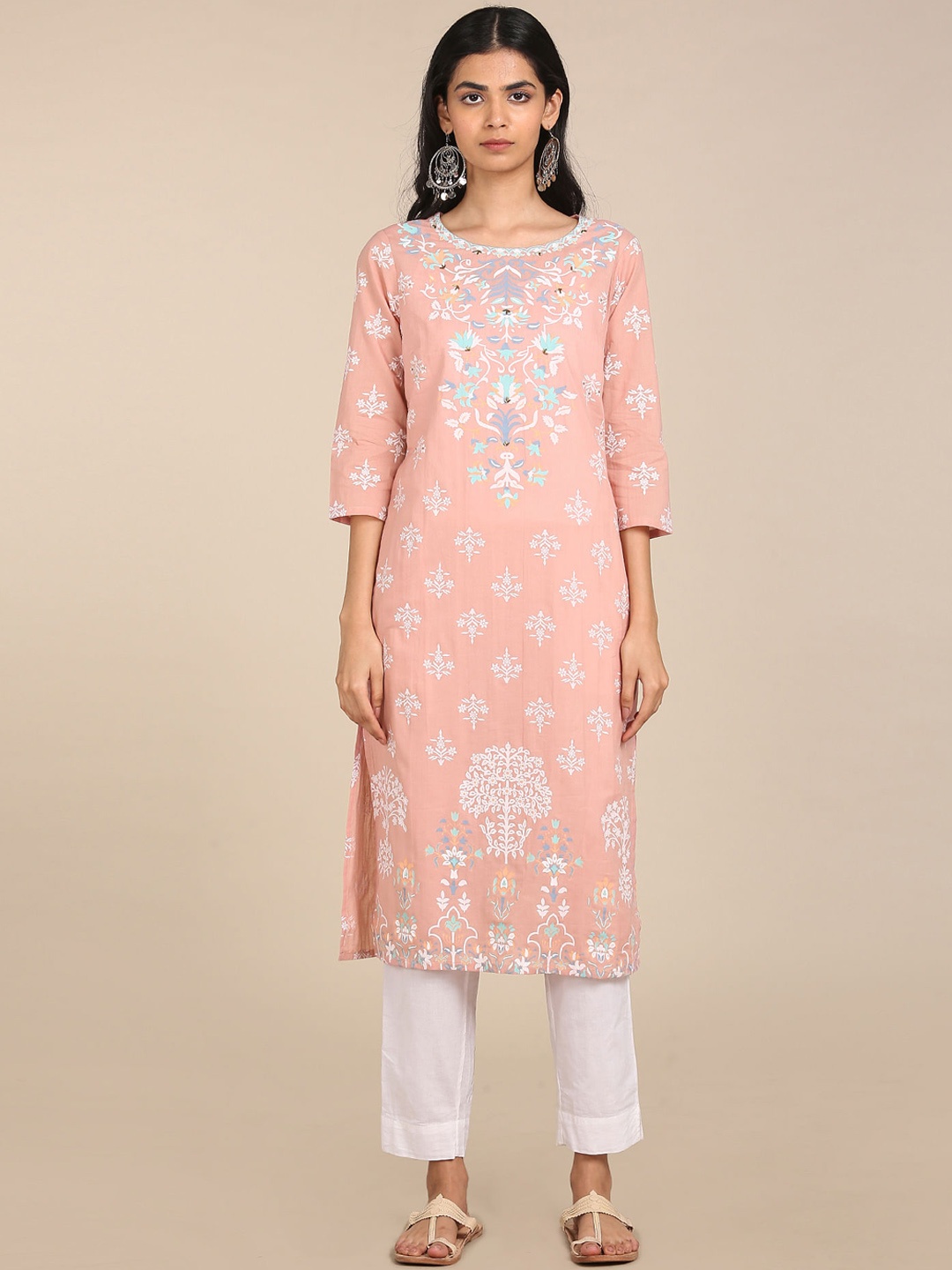 

Karigari Women Beige Floral Printed Boat Neck Kurta