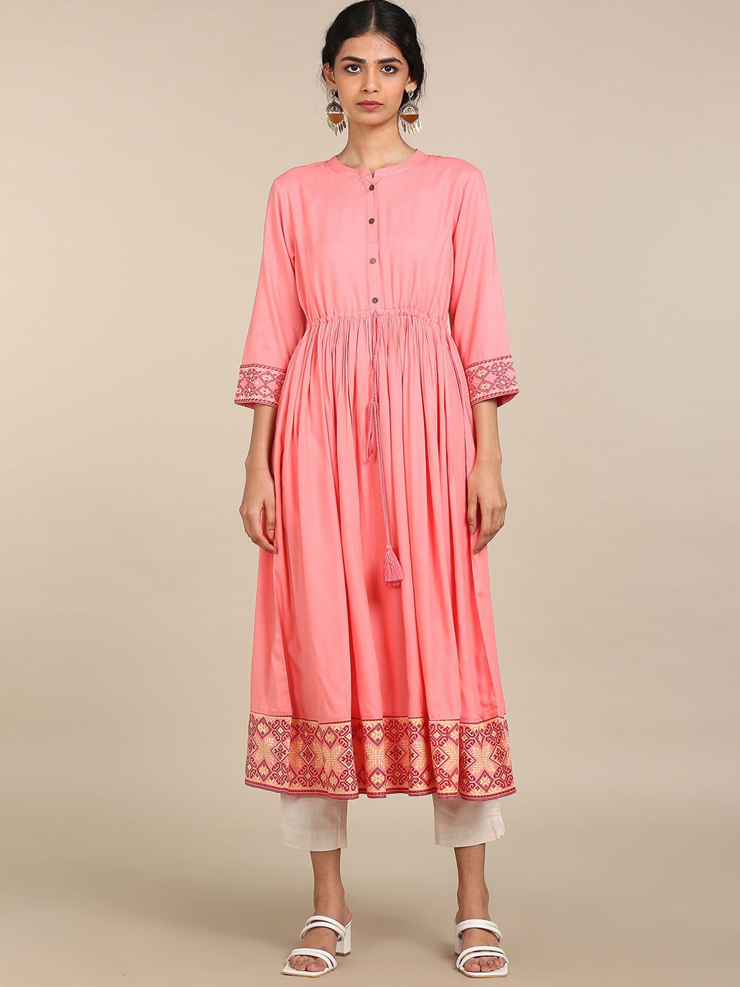 

Karigari Women Pink Solid Printed Mandarin Collar Three Quarter Sleeve Anarkali Kurta