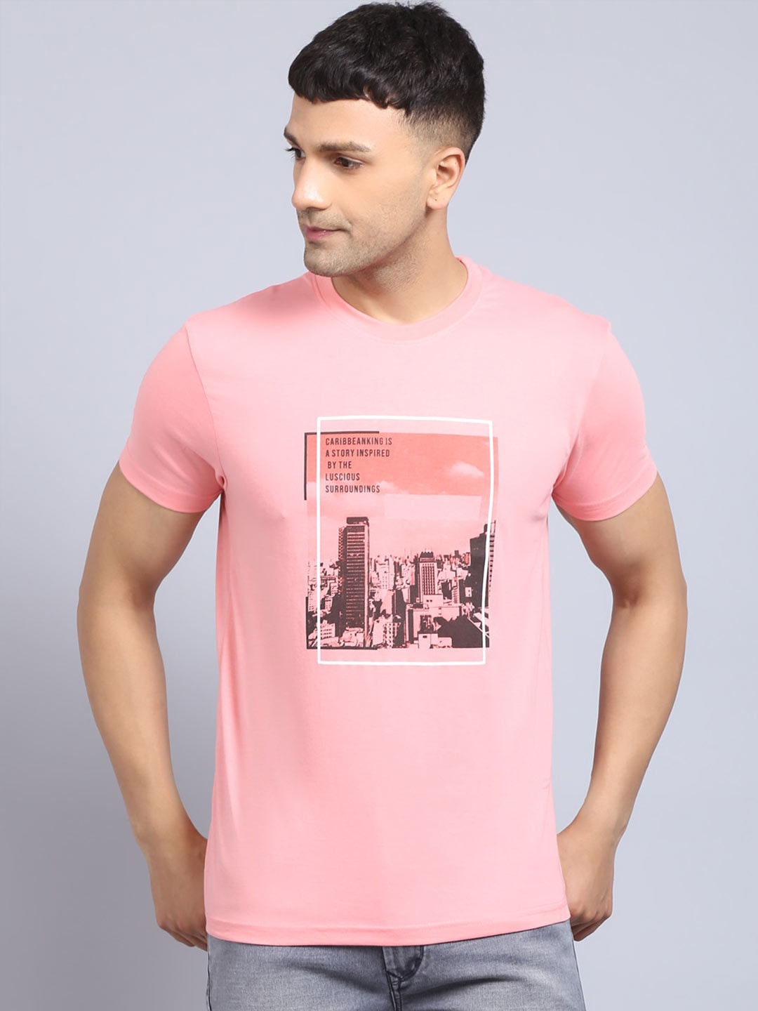 

Rodamo Men Pink Printed Slim Fit T-shirt