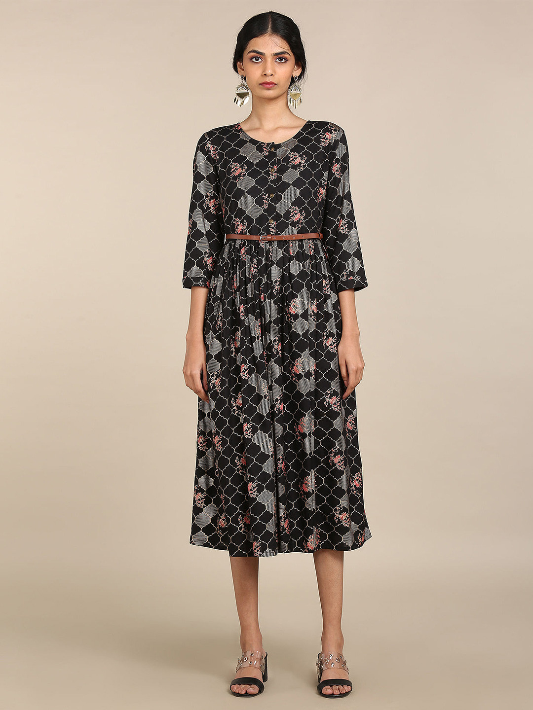 

Karigari Black Floral A-Line Midi Dress