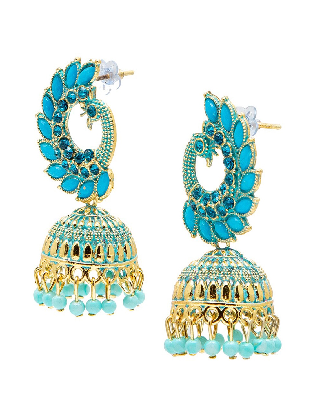 

Shining Jewel - By Shivansh Blue Peocock Shaped Gold Plated Jhumkas Earrings