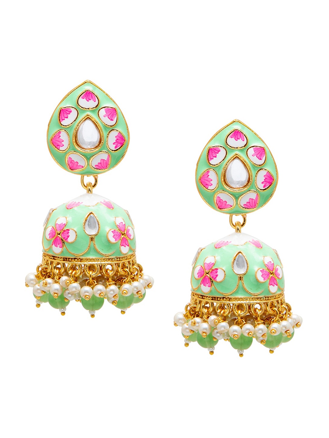 

Shining Jewel - By Shivansh Green Dome Shaped Meenakari Jhumkas