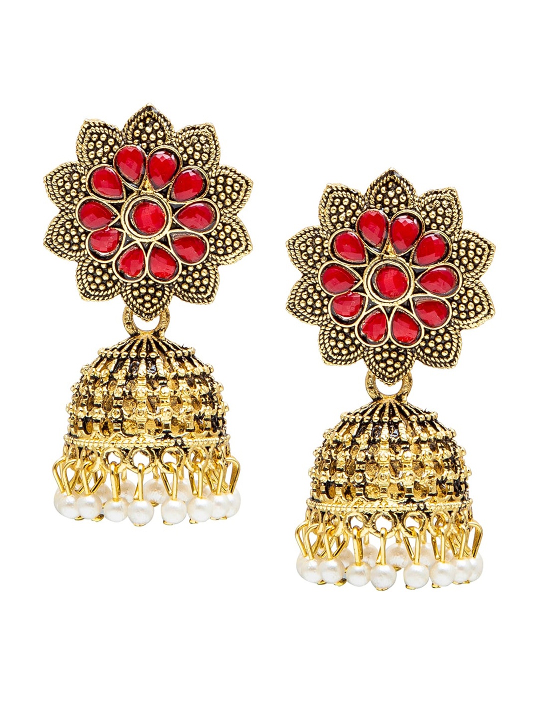 

Shining Jewel - By Shivansh Red Contemporary Gold Plated Antique Jhumka Earrings