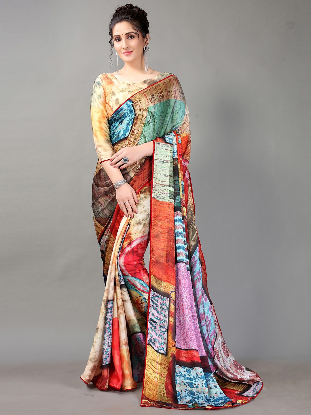 

HRITIKA Red & Blue Satin Saree