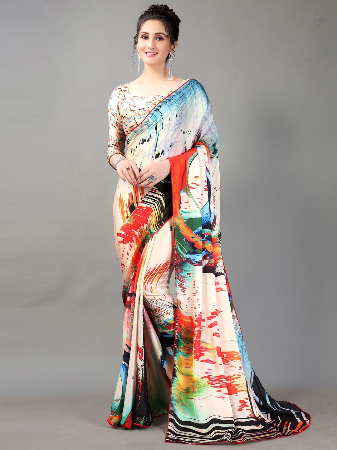 

HRITIKA Blue & Red Satin Georgette Saree