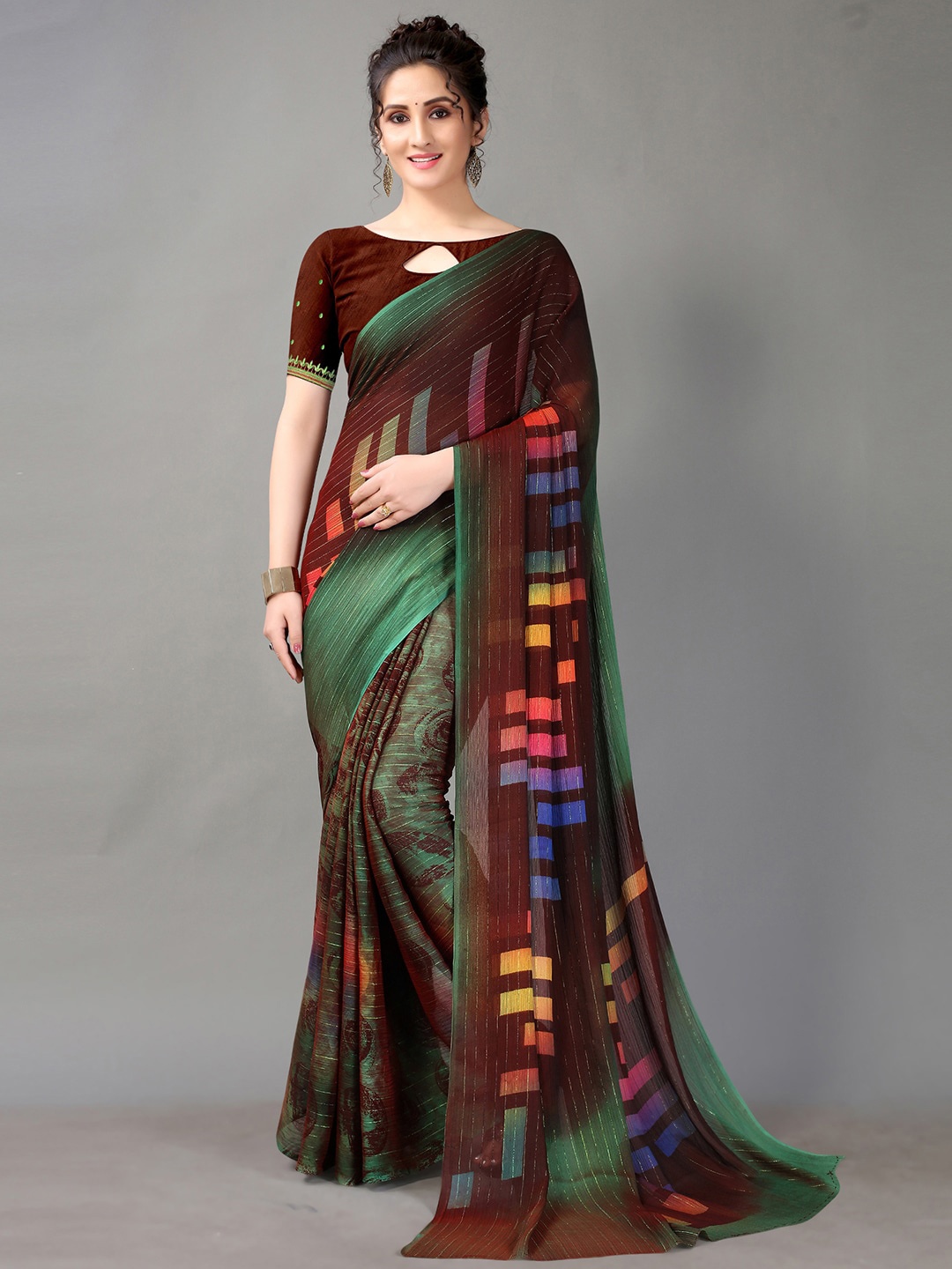 

HRITIKA Brown & Green Abstract Printed Saree