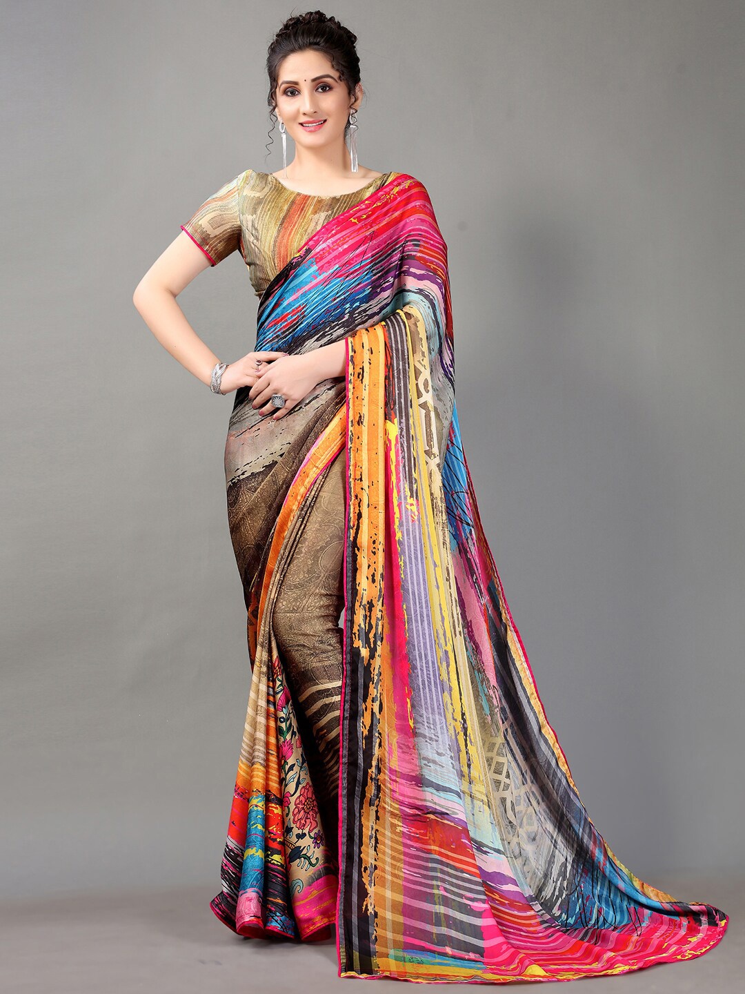 

HRITIKA Multicoloured Striped Satin Saree, Multi