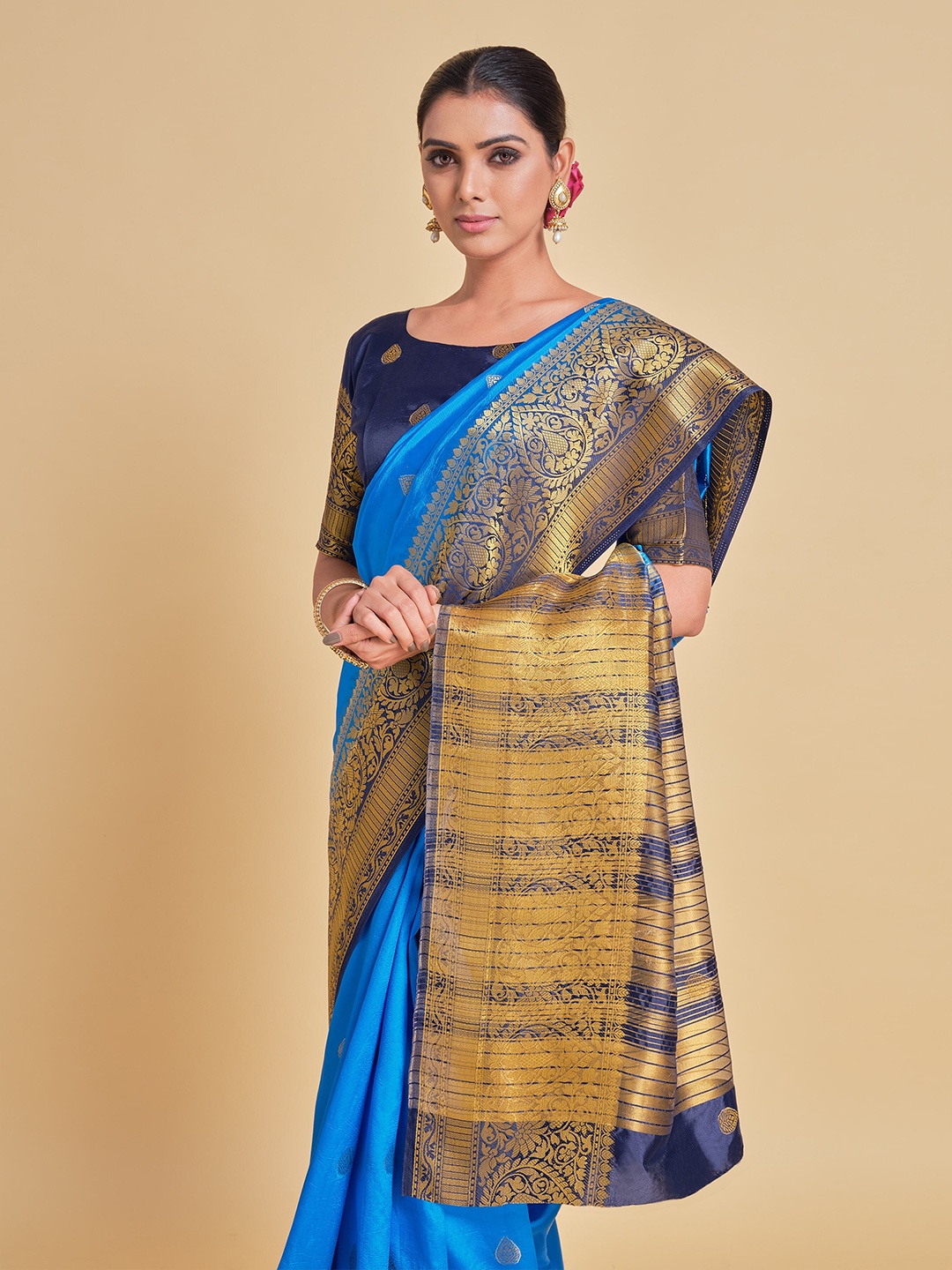 

Sangria Blue & Gold-Toned Woven Design Zari Silk Blend Banarasi Saree