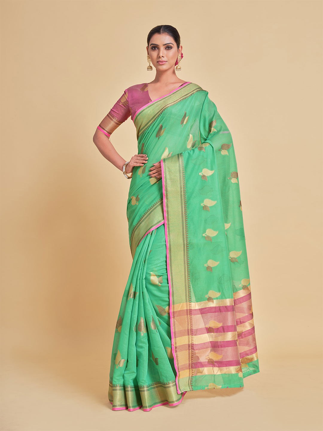 

Sangria Green & Pink Ethnic Motifs Silk Cotton Banarasi Saree