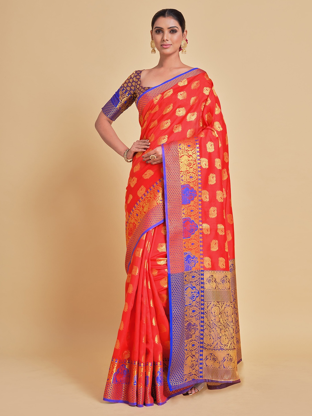 

Sangria Red & Golden Ethnic Motifs Silk Blend Banarasi Saree