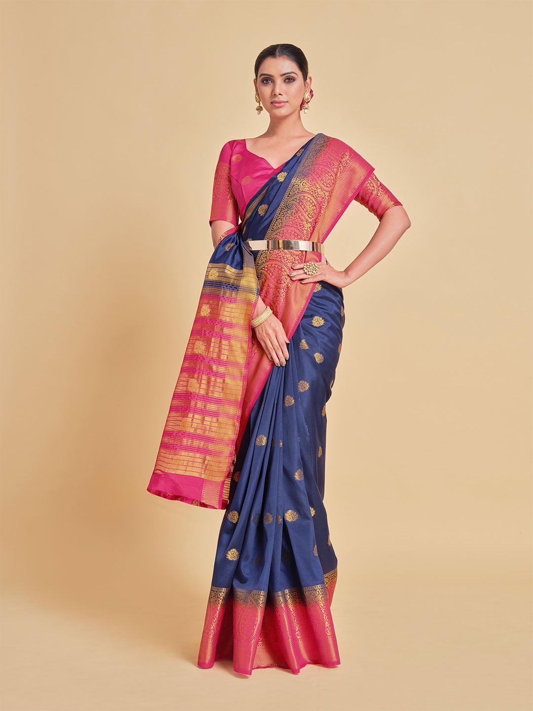 

Sangria Blue & Pink Ethnic Motifs Zari Silk Blend Banarasi Saree