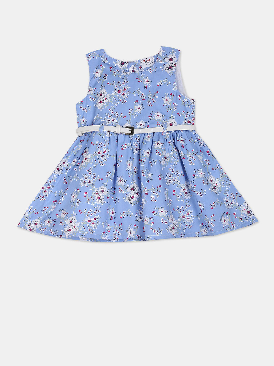 

Donuts Baby girls Light Blue Sleeveless Printed Mini Dress with Belt